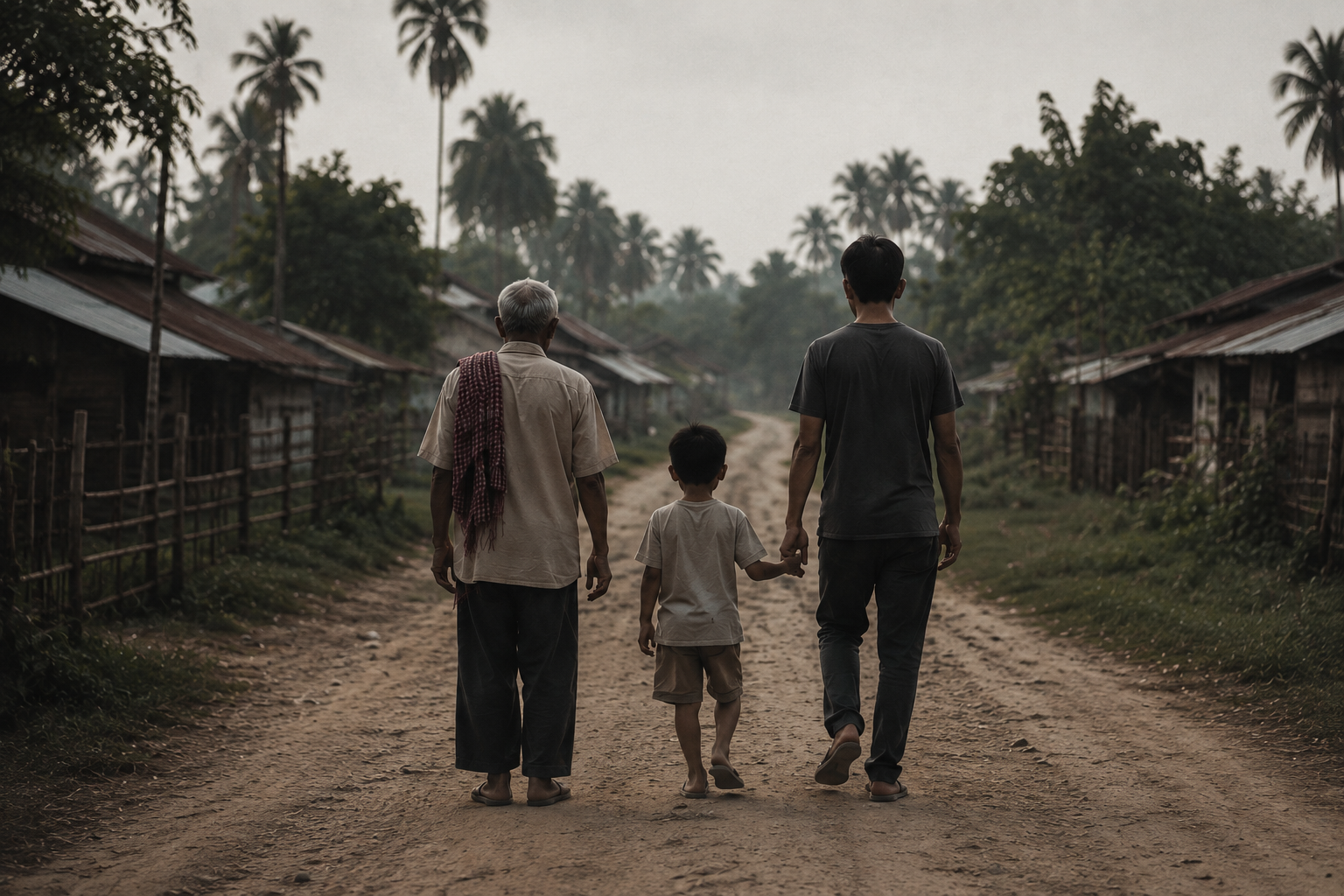 Three generations of a Khmer family walking together down a village road