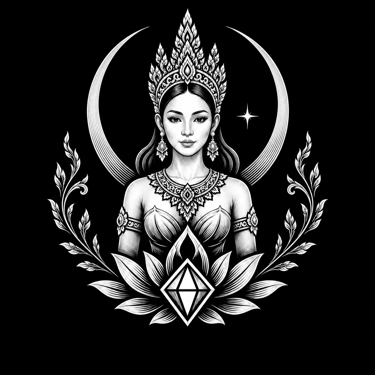 The Gracious Soul Apsara crest, a crowned figure above a lotus within a crescent moon